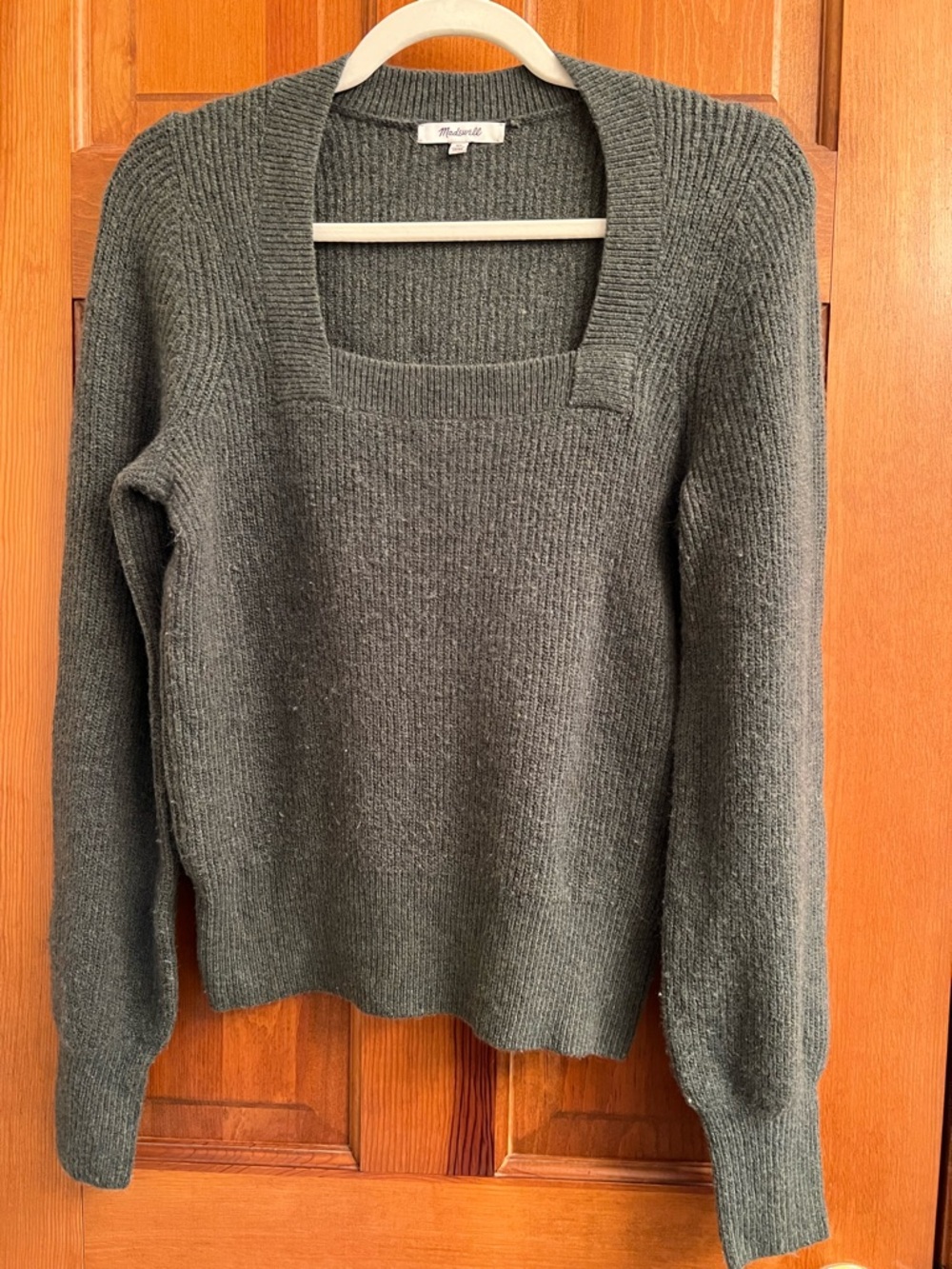 Madewell Size XS Square-Neck Ribbed Knit Sweater in Charcoal Green